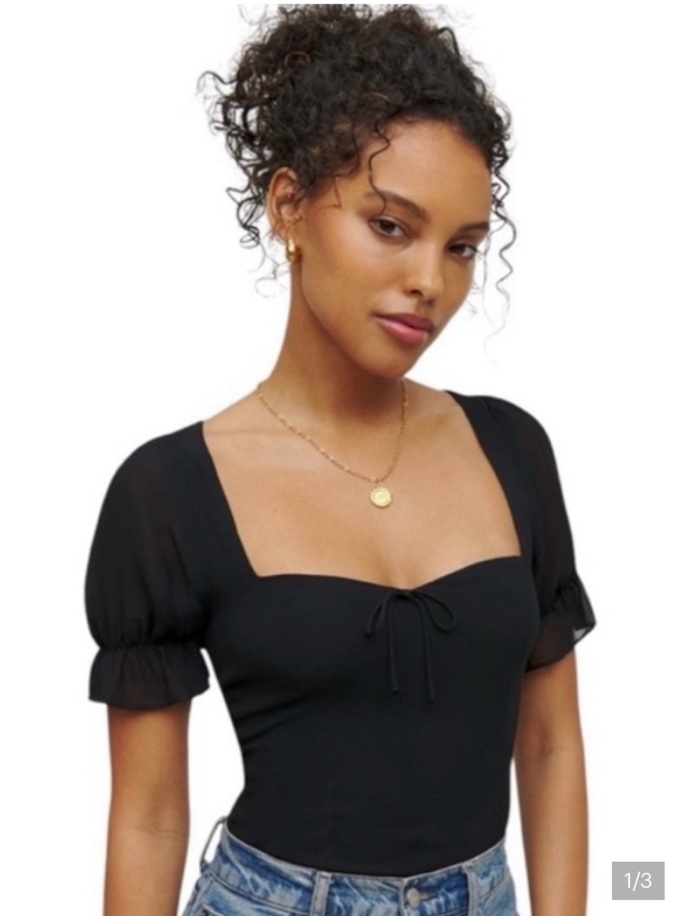 Reformation Delevan Black Square-Neck Puff Sleeve Camisole